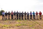 Leaders from the University of Georgia, Grand Farm and Georgia’s agriculture community break ground on UGA Grand Farm in Perry, Georgia. The 250-acre innovation farm will focus on advancing autonomous technologies and sustainable practices tailored to Southeast agriculture. (Photo by Sean Montgomery)
